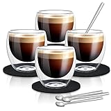 Cieex Espressotassen Set (4 x 80 ml), Latte Macchiato Gläser Set, Cappuccino Tassen, Kaffeegläser mit 4 Löffel + 4 Untersetzer