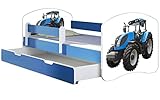 ACMA Kinderbett Jugendbett mit Einer Schublade und Matratze Blau mit Rausfallschutz Lattenrost II 140x70 160x80 180x80 (42 Traktor, 140x70 + Bettkasten)