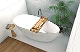 ECOLAM exklusive freistehende Badewanne Standbadewanne moderne Wanne freistehend Goya 170x72 cm + Ablage Bambus + Ablaufgarnitur Click Clack Mineralguss glamour weiß