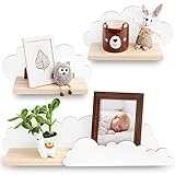 Outentin Wandregal Wolke Kinderzimmer - Wolken Regal Kinderzimmer in Weiß - Natürliches Holz - Wolkenförmige Holzregale für babyzimmer, inkl. Halterungen & Befestigungdübel - Set mit 3 Stück