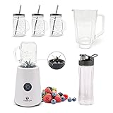 TONICON Smoothie-Maker | 3in1 Mini Mixer | 6-Edelstahl-Messer Blender | 500 Watt Standmixer | Glas-Behälter Inkl. Trinkfalsche to go BPA-Frei | 4 Mason Jar Cups aus Glas – Weiß