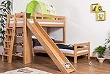 Kinderbett Etagenbett Pauli Buche Vollholz massiv natur mit Regal und Rutsche inkl. Rollrost - 90 x 200 cm, teilbar