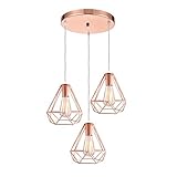 iDEGU 3-flammig Pendelleuchte Industrielle Vintage Hängelampe Pendellampe aus Metall E27 Retro Hängeleuchte im Geometrisch Käfig Stil mit Runde Deckenbasis, Ø 20cm, Roségold