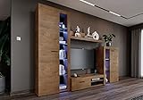 Furnix Wohnwand Riva Mediawand Holz Wohnzimmer 4-TLG Komplett-Set mit LED - TV Lowboard, Highboard Vitrine, Wandregal - Modern Freistehend - B 270 x H 190 x T 40,2 cm, Farbe Lefkas Eiche