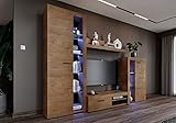 Furnix Wohnwand Riva Mediawand Modern Holz Wohnzimmer 4-TLG Komplett-Set - TV Lowboard, Highboard Vitrine, Wandregal - Modern Freistehend - B 270 x H 190 x T 40,2 cm, Farbe Lefkas Eiche