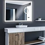 Badspiegel mit LED Beleuchtung - Energieklasse A++, Touchschalter, dimmbar (Kaltweiß/Warmweiß), Digitaluhr - Badezimmerspiegel, Wandspiegel (Bluetooth Lautsprecher + Make-up Spiegel, 120 x 80 cm)