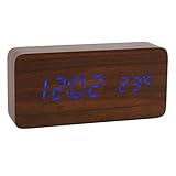 Lancoon HöLzerne Digitaluhr - Multifunktions-Led-Wecker Mit Uhrzeit/Datum/Temperaturanzeige Und Sprachsteuerung Für Home-Office-Reisen - AC11Brown_Blue