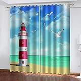 Gardinen Wohnzimmer Blickdicht Modern 2Er Set Cartoon Küste Leuchtturm Mit Ösen 200X214Cm Verdunkelungsvorhang Thermovorhang Hitzeschutz Blickdichte Vorhänge Schlafzimmer Kinderzimmer Mädchen Junge