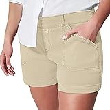 Hochtaillierte Shorts, Kunstledershorts Sommerartikel Kleiderschrank-Women's Shorts Women's Soft Stretch Twill Short Seitentaschen Feel No Button & Zipper Schmeichelhafte Passform (3XL, Beige)