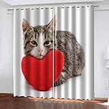 BONDIJ Lichtundurchlässige Vorhang 3D Katze Mit Rotem Herz Muster Blickdicht Ösenvorhang Verdunklungsvorhänge Schlafzimmer Kinderzimmer Wohnzimmerdekoration 160X150cm(HxB)