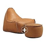 SACKit - Dunes Lounge Chair Cognac – EIN exklusiver Indoor Sitzsack aus Leder - Der perfekte Sessel mit Lehne für Ihre Lounge - Moderner Sitzsacke im Vintage Look - Mit einem Hocker