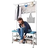 Garderobenständer mit Bank und Sitzkissen, Metall-Kleiderbaum mit 10 Haken, freistehend, Schuhregal mit Regalen, Kleiderbügel, Ständer für Flur, Schlafzimmer, Eingangsbereich