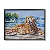 Stupell Industries MB Cunningham Coastal Waterfront Scenery Golden Retriever Relaxing Dock, Design