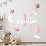 K011 Wandtattoo Kinderzimmer Namen Sterne Set Punkte Türschild Baby Mädchen Junge Mix personalisiert Wunschname Babyzimmer Wandgestaltung verschiedene Größen (07 Hasen mit Ballons Rosa)