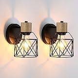 Lightess Wandleuchte Schwarz Draht Käfig Lampenschirm Retro Holz Wandlampe Vintage Industrial lampe Verstellbare Antike Leuchte für Innen Schlafzimmer Loft Restaurant E27 Ohne Lichtquelle（Schwarz*2）