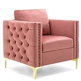 Rosa Moderner Samtstuhl Relaxsessel mit Goldenen Metallbeinen Ohrensessel mit Modische Nieten und Getuftete Knöpfe Einzelsessel Lesesessel Sessel mit Einem Kissen