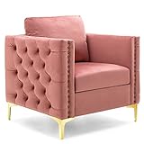 Montary Ohrensessel Samtstuhl, Chesterfield-Sessel Relaxsessel Einzelsessel, Lesesessel XXL Sessel mit Einem Kissen, Modische Nieten und Getuftete Knöpfe mit Goldenen Metallbeinen (Rosa)