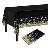 PLULON Schwarz Gold Dot Tischdecke Schwarz und Gold Tischdecke 137 x 274 cm Kunststoff Rechteck Tischdecke für Schwarz und Gold Party Geburtstag Tischdekoration