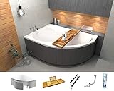 ECOLAM Badewanne Wanne Eckwanne Eckbadewanne Acryl weiß Fortuna 170x100 cm LINKS + universelle Styroporverkleidung + Bambus Ablage Ablaufgarnitur Ab- und Überlauf Automatik Füße Silikon Komplett-Set