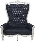 Casa Padrino Barock Hochlehn 2er Sofa Schwarz/Silber - Prunkvolles Barockstil Sofa mit Glitzersteinen - Wohnzimmer Möbel im Barockstil - Barock Möbel - Edel & Prunkvoll