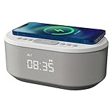 i-box Radiowecker Digital mit USB-Ladegerät, Bluetooth-Lautsprecher, Kabelloses Laden, Wecker Digital Alarm Clock mit dimmbares LED-Display – Netzbetrieb Digitaler Wecker ohne Ticken (Weiß)