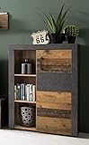 trendteam smart living Wohnzimmer Sideboard Kommode Schrank Indy, 87 x 118 x 34 cm in Korpus Graphit Grau, Front Old Wood NB mit viel Stauraum und offenem Fach