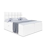 ALTDECOR Boxspringbett mit H3Matratze (20 cm hoch) mit Bonellfederung, Kunstlederbett, Topper (4 cm hoch), Polsterbett mit Kopfteil und Bettkasten 180x200 - Weiß Kunstleder