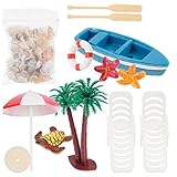 Veemoon 1 Set Miniatur-Stranddekoration Puppenhaus Kokospalmen Sonnenschirm Seestern Paddel Schwimmender Ring Strandkorb Modell Strand Mikro-Bonsai-Topf Ornament