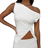 Lauweion Damen Y2k Schulterfrei Tops Asymmetrische Schlitze Saum Seitliche Knöpfe Einschulter Ärmelloses Crop Top, Weiss/opulenter Garten, Klein