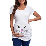 Ostern Damen Umstandsmode Kurzarm Rundhalsausschnitt Kaninchen Grafik Geraffte Seiten T Shirt Oberteile Schwangerschaft Tunika Bluse Shirt Tiefer Ausschnitt Damen