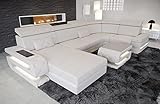 Sofa Bologna als Wohnlandschaft in der U-Form Leder Couch mit USB Kopfstützen Beleuchtung Ledersofa als Designersofa mit Stauraum (Ottomane Links (auf Sofa blickend), Beige-Weiß)