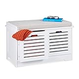 Relaxdays Sitzbank mit Stauraum, 2 Körbe, gepolsterte Küchenbank, Landhausstil, Sitzkommode, HxBxT 44 x 72 x 35 cm, weiß