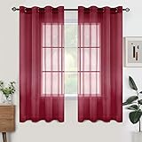 Woaboy Voile Gardinen Kurz Vorhänge Transparent Wohnzimmer mit Ösen Stores Gardinen Schlafzimmer Ösenvorhang Scheibengardine Schlaufengardinen Modern 2er Set 140x145 cm (B x H) Wein Rot