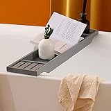 ACiyD Badewannenablage aus Bambus, Badewannenregal, 72 x 15 cm (28,34 x 5,90 Zoll), unten hohl, Handläufe auf beiden Seiten, rutschfeste, multifunktionale Badewannenablage, 3 Farben (Grau) (Grau)