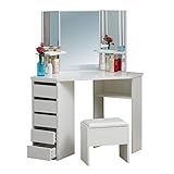 OFCASA Schminktisch mit 3 Spiegeln, Schminktisch mit Spiegel und 1 Hocker, 5 Schubladen, 3 Etagen, Schminktisch, Eck-Make-up, 114 x 61 x 140 cm