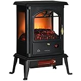 HOMCOM Elektrokamin mit Heizung, Standkamin mit Flammeneffekt, 1000/1500W Geräuscharmer Kaminofen mit LED-Schirm, Fernbedienung, Timer für Wohnzimmer & Innenräume, Schwarz