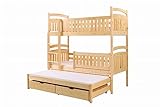 KEF-MEBLE Sofia Hochbett Kinder 185x88x188 cm - Etagenbett 3 Personen - Holz Kinderbett - für DREI Kinder - mit Schubladen - Ausziehbares Drittes Bett - mit Matratze - Kiefer - Leiter Rechts