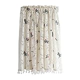 Embroidery Floral Lace Net Drape Rod Pocket Half Window Light Filtering Transparent Valance Curtain White Sheer Voile Kitchen Curtain (Beige W x H 130x110cm) (Beige W x H 130x90cm)