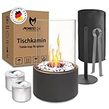 Monster24 Einzigartiger Tischkamin inkl. Abdeckhaube | Tischfeuer mit Deko Steinen und 2 Brennkammern für unendliche Brenndauer | Bio Ethanol Kamin Indoor und Outdoor | Terrassenfeuer | Balkon Deko