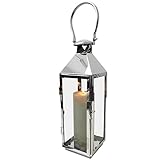 Multistore 2002 Edelstahl Laterne in Silber H40cm Gartenlaterne Windlicht mit Henkel Edelstahlgestell mit Glasfenstern Kerzenhalter