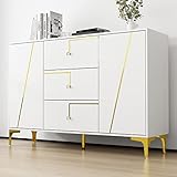 Caldion Sideboard Wohnzimmer mit 3 Schubladen und 2 Türen Kommode Highboard, Anrichte Kommodeschrank Metallbeine geeignet für Esszimmer und Flur Weiß 140cm B x 40cm T x 95cm H