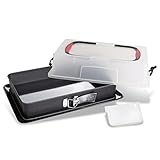 Zenker Rechteck-Springform mit Haube DELUXE, Kuchentransportbox mit Emaille-Boden, Backblech mit Deckel (Farbe: Schwarz/Transparent/Rot), Menge: 1 Stück