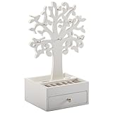 DRULINE Schmuckkasten Schmuckbox Beauty Box zur Aufbewahrung aus Holz mit 2 Ebenen Schublade und Deko Baum für Halsketten Armbänder und Ringe| L x B x H 14.8 x 13 x 31| Weiß