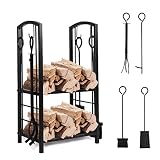 Zevcri Kaminholzregal Metall, Brennholzregal Feuerholzregal mit 4 Haken und Brennholzwerkzeugen,2 Schichten Holzständer Holzablage für Innen und Aussen (40x30x74cm) (Schwarz)