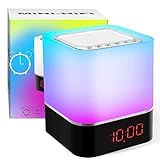 Sayapeiy Bluetooth Lautsprecher mit Nachttischlampe Touch Dimmbar, 5 in 1 USB LED-Lampe 7 Farben mit Wecker, Freisprechen, MP3-Player, mit SD Karte, USB und Bluetooth, Kinder