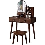 Waschtisch-Set mit beleuchtetem Spiegel, 3 Farben Modi Dimmen, Holz Hocker Makeup Eitelkeit Schminktisch Frisiertisch 2 Schubladen 2 Trennwände abnehmbare Organizer, 31.5Inch