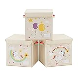 SONGMICS Aufbewahrungsbox mit Deckel, 3er Set, Aufbewahrungskorb, Spielzeugaufbewahrung, Stoffboxen, 30 x 30 x 30 cm, faltbar, mit Griffen, Schlafzimmer, Spielzimmer, Einhörner-Motive, beige RFB710W03