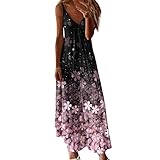 Bovake Sommerkleid Damen elegant Ärmelloses Maxikleid mit V-Ausschnitt und bedrucktem Neckholder für Frauen Damen Kleider elegant Blumen Kleid Damen Kleid Damen midi