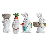 Osterhasen-Figuren, 4 Stück, Kunstharz, Kaninchen mit Korb, Karotten-Ornament für den Außenbereich, Garten, Hof, Zuhause, Schreibtisch-Dekoration, Miniatur-Statue, Handwerk, Osterhasen-Statue