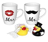Close Up Mr. & Mrs. Tassen 2-er Set mit Badeenten Brautpaar / 4-TLG. Geschenkset Hochzeit